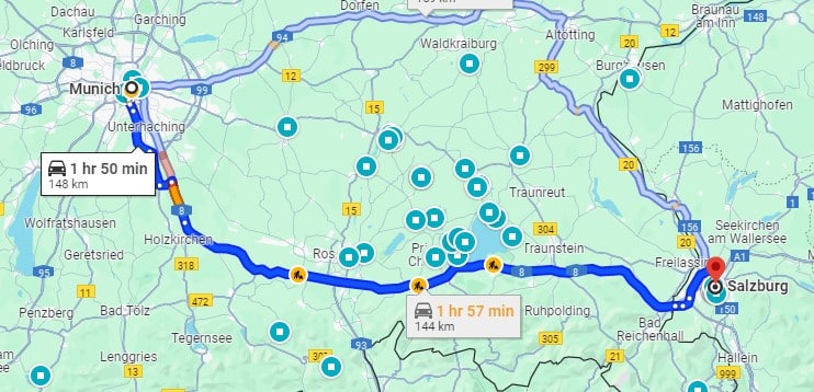 distance between Munich and Salzburg